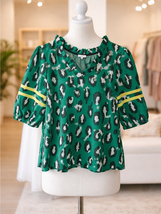 Voy Tops - VOY Green Leopard Print Ruffle Neck Top with Yellow Stripe Sleeves